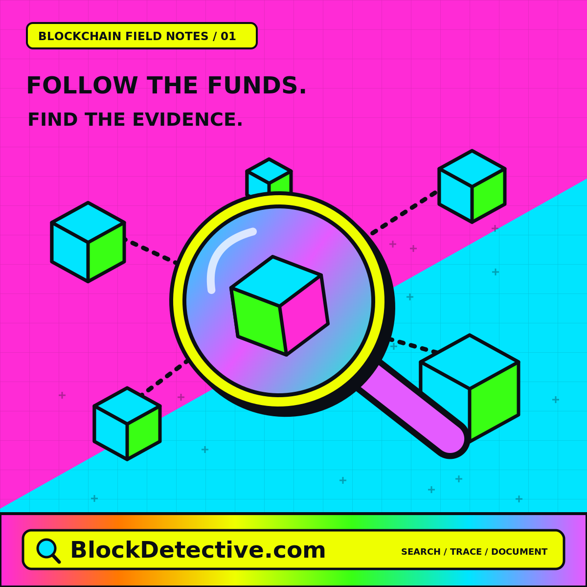 Follow The Funds.: Find The Evidence. — neon blocks and forensic research symbols