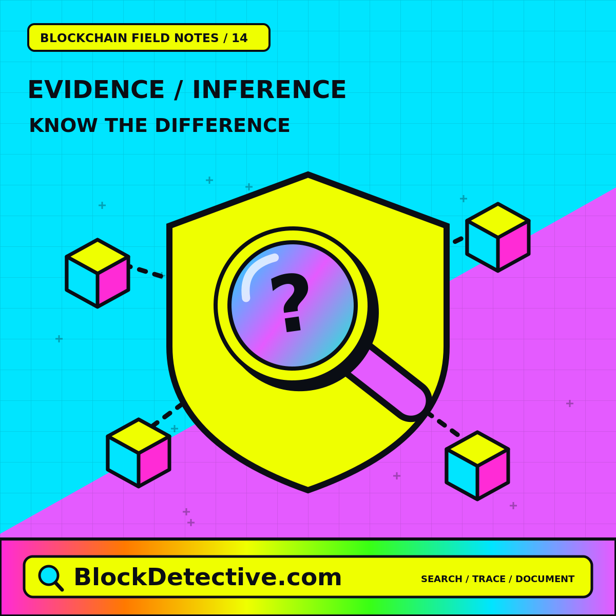 Evidence / Inference: Know The Difference — neon blocks and forensic research symbols
