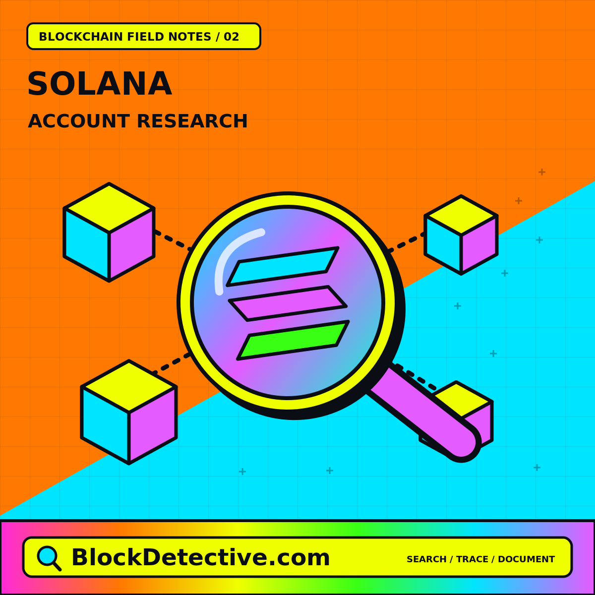 Solana: Account Research — neon blocks and forensic research symbols