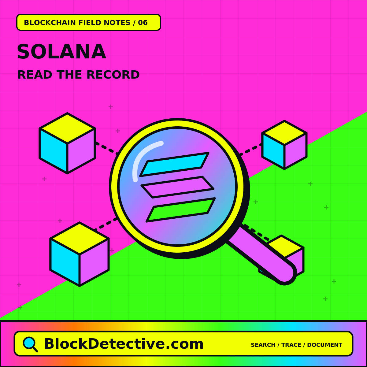 Solana: Read The Record — neon blocks and forensic research symbols