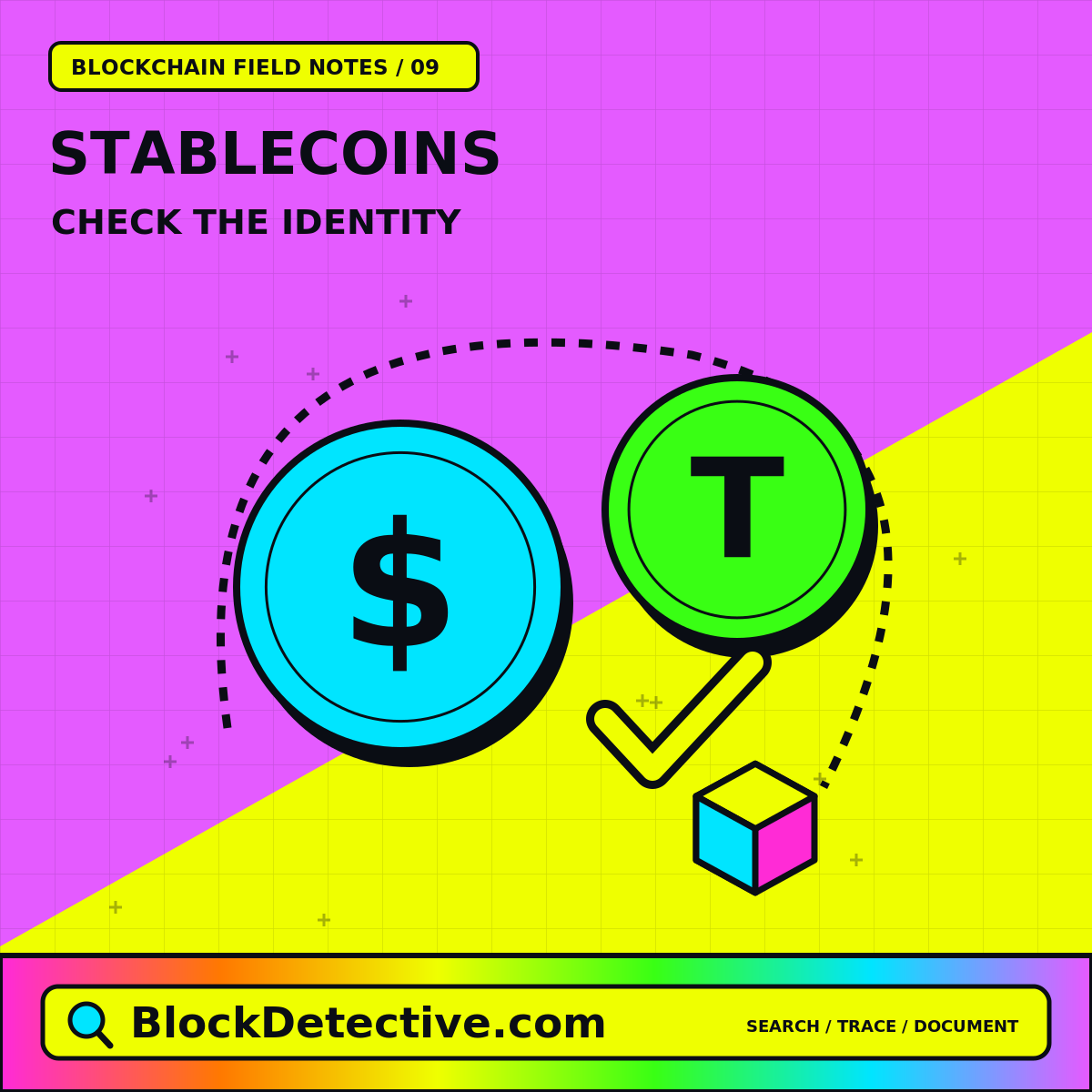 Stablecoins: Check The Identity — neon blocks and forensic research symbols